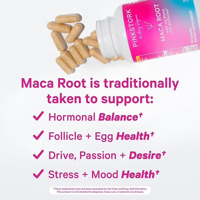 Pink Stork Maca Root Capsules for Women - Fertility Supplements for Women with 1500 mg Organic Maca Root + Black Pepper to Support Hormone Balance & Conception - 60 Capsules, Vegan