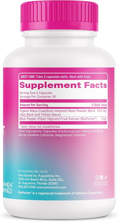 Pink Stork Maca Root Capsules for Women - Fertility Supplements for Women with 1500 mg Organic Maca Root + Black Pepper to Support Hormone Balance & Conception - 60 Capsules, Vegan