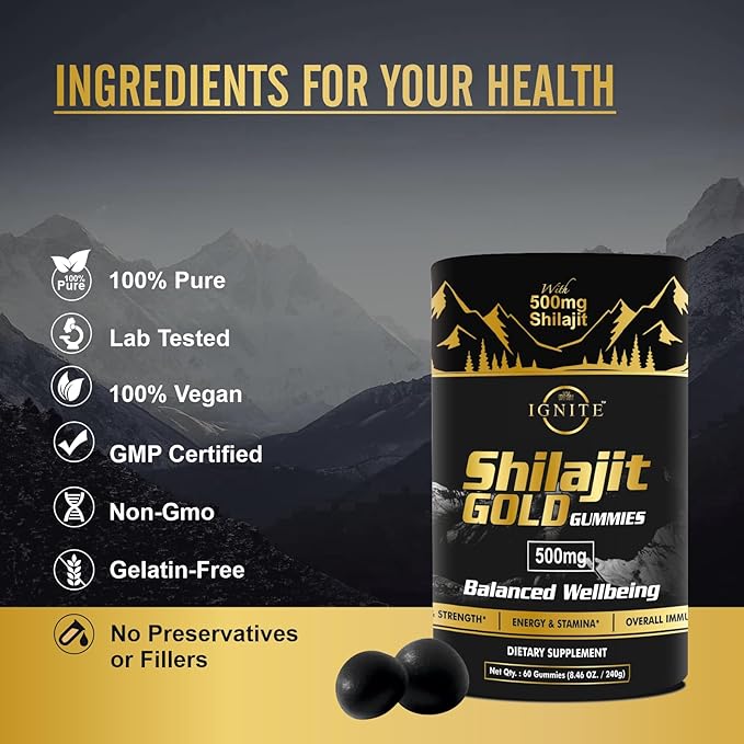 Pure Himalayan Shilajit Gummies - High Potency Gold Grade, 100% Shilajit, 75%+ Fulvic Acid for Energy Boost & Immune Support, Travel-Friendly, Tamarind Flavor - 60 Gummies