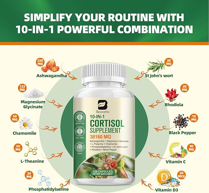 Cortisol Supplements for Women & Men, 10-In-1 Cortisol Supplement Lower Cortisol Corti Soothe Magnesium Ashwagandha with L-Theanine, Rhodiola, Cortisol Manager for Stress, Calm Zzz Support, Vegan 120