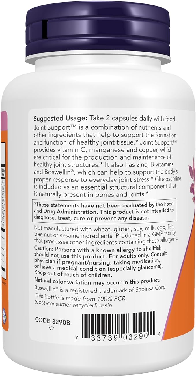 NOW Foods Supplements, Joint Support™ with Glucosamine, Boswellin® and Sea Cucumber, 90 Capsules