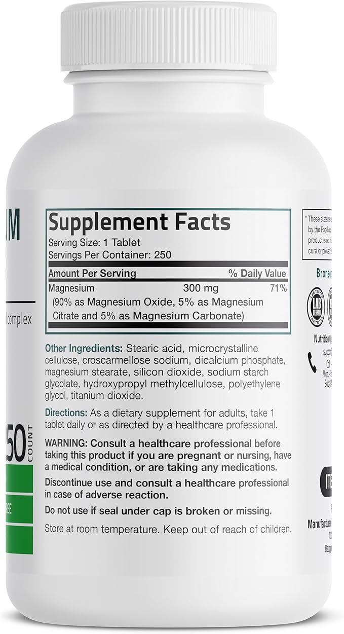 Triple Magnesium Complex Maximum Coverage 300 Mg Magnesium Oxide Magnesium Citrate Magnesium Carbonate, Non-GMO Formula, 250 Tablets