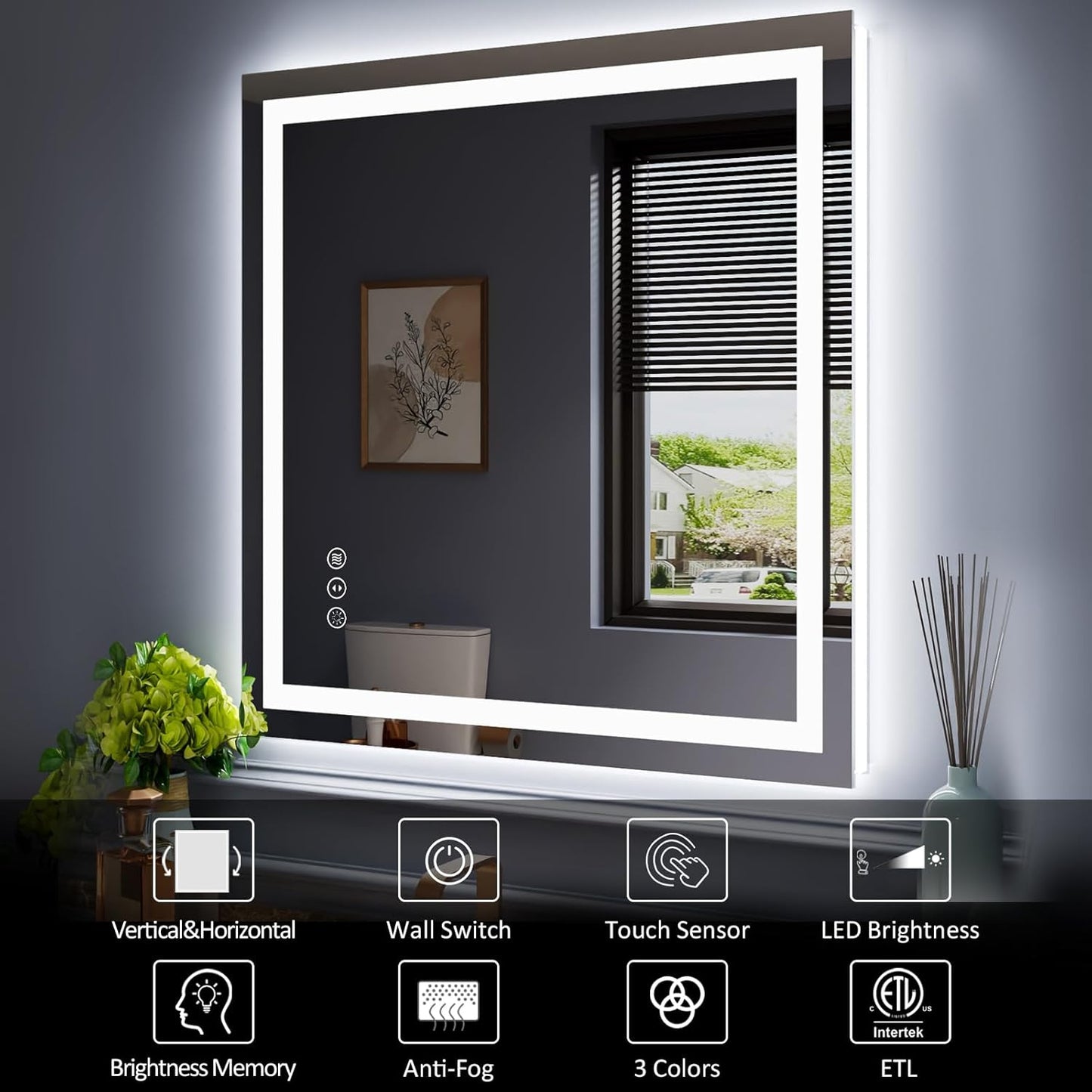 Amorho LED Mirror for Bathroom 40"X38" with Front Light and Backlit, Stepless Dimmable, Anti-Fog, Shatter-Proof, Memory, 3 Colors, Wall Mount (Horizontal/Vertical)