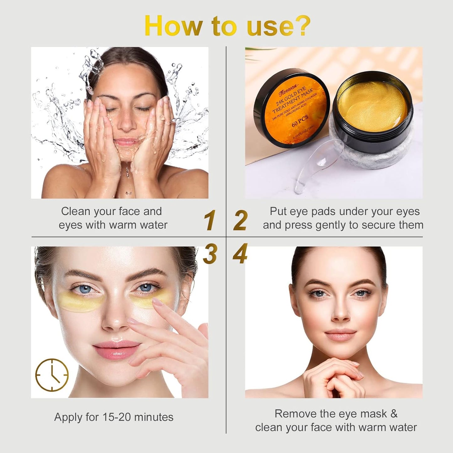 Fivewan 24k Gold Under Eye Patches - 60 Pcs Eye Mask Pure Gold Anti-Aging Collagen Hyaluronic Acid Under Eye Mask for Removing Dark Circles, Puffiness & Wrinkles Refresh Your Skin