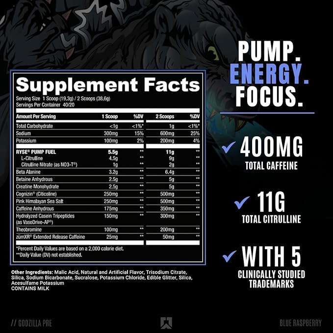 Ryse Noel Deyzel x Godzilla Pre Workout | Intense Pumps, Energy, & Focus | Citrulline & Beta Alanine | 400mg Total Caffeine | 40 Servings (Blue Raspberry)
