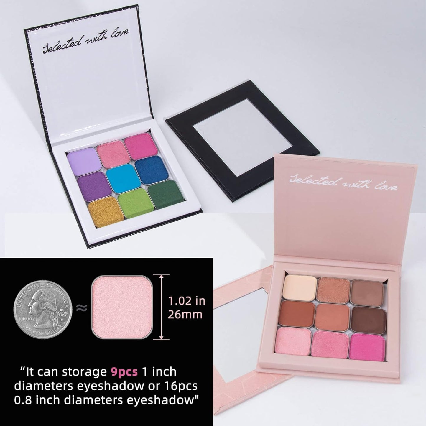 Pink&Black Magnetic Refillable Makeup Palette with Mirror – Lightweight, Durable, Travel-Ready Case for Eyeshadow, Blush, Lipstick – Includes Spatula & 20 Stickers – Small, Waterproof Paperboard