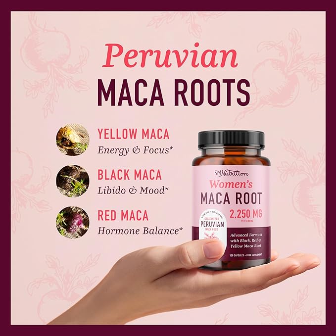 Organic Maca Root Capsules for Women | Peruvian Maca 2250MG Extra Strength | Red, Black & Yellow Maca Pills with Black Pepper | Herbal Supplement to Support Energy, Hormone Balance, Menopause & Cycles