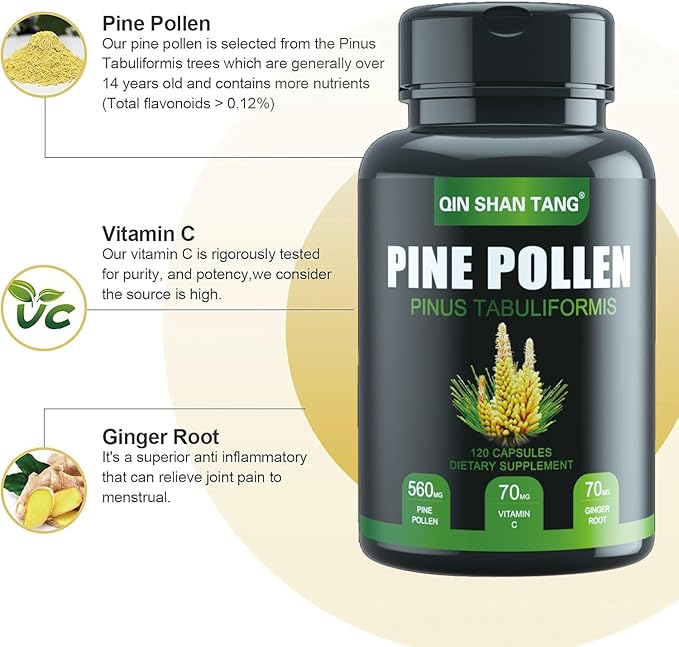 Pine Pollen Supplement wtih Ginger Root and Vitamin C, 99% Cracked Cell Wall,120 Veggie Capsules,Focus&Immune Improve