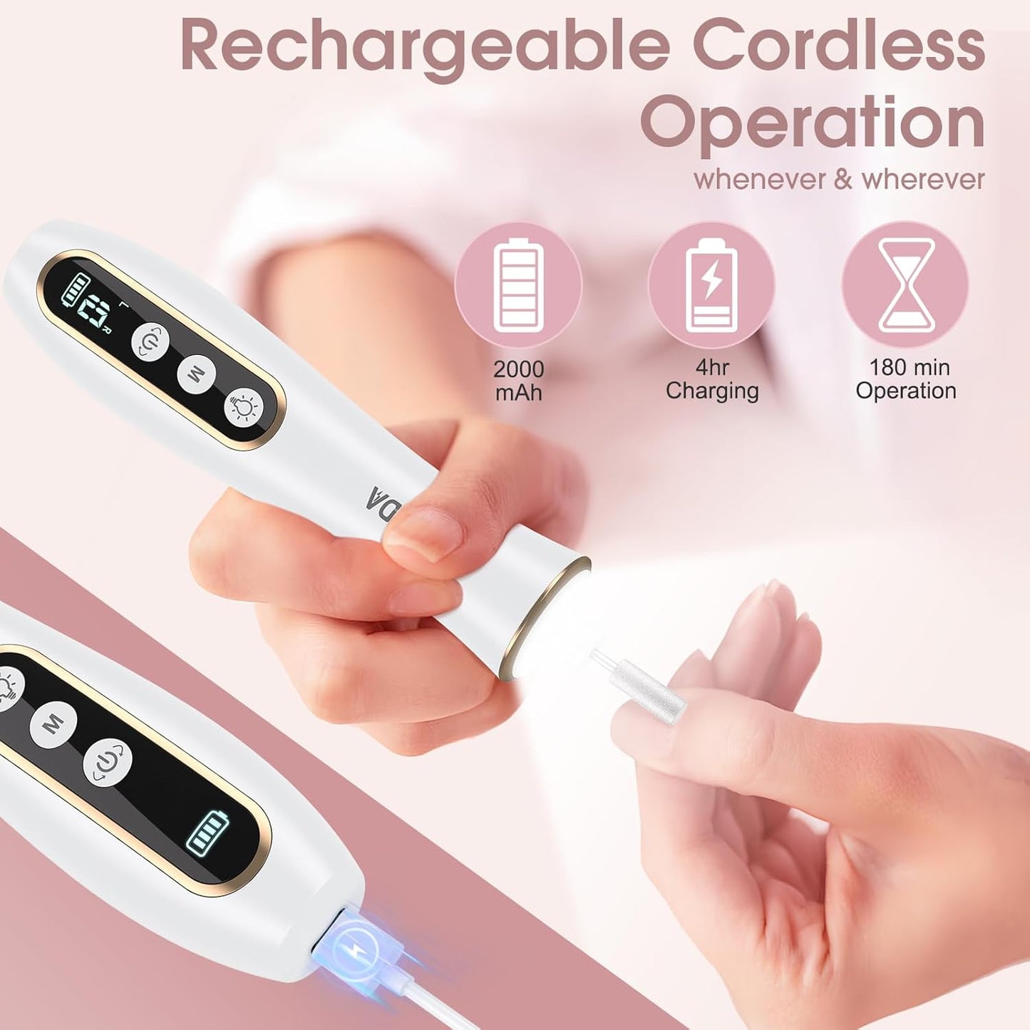 Professional Manicure Pedicure Kit, Cordless Electric Nail Drill with 360° LED light&10 Speeds, Rechargeable Pedicure Tools for feet, Hand Foot Care Nail Drill for Thick Nail Toenail Cuticle Women Men
