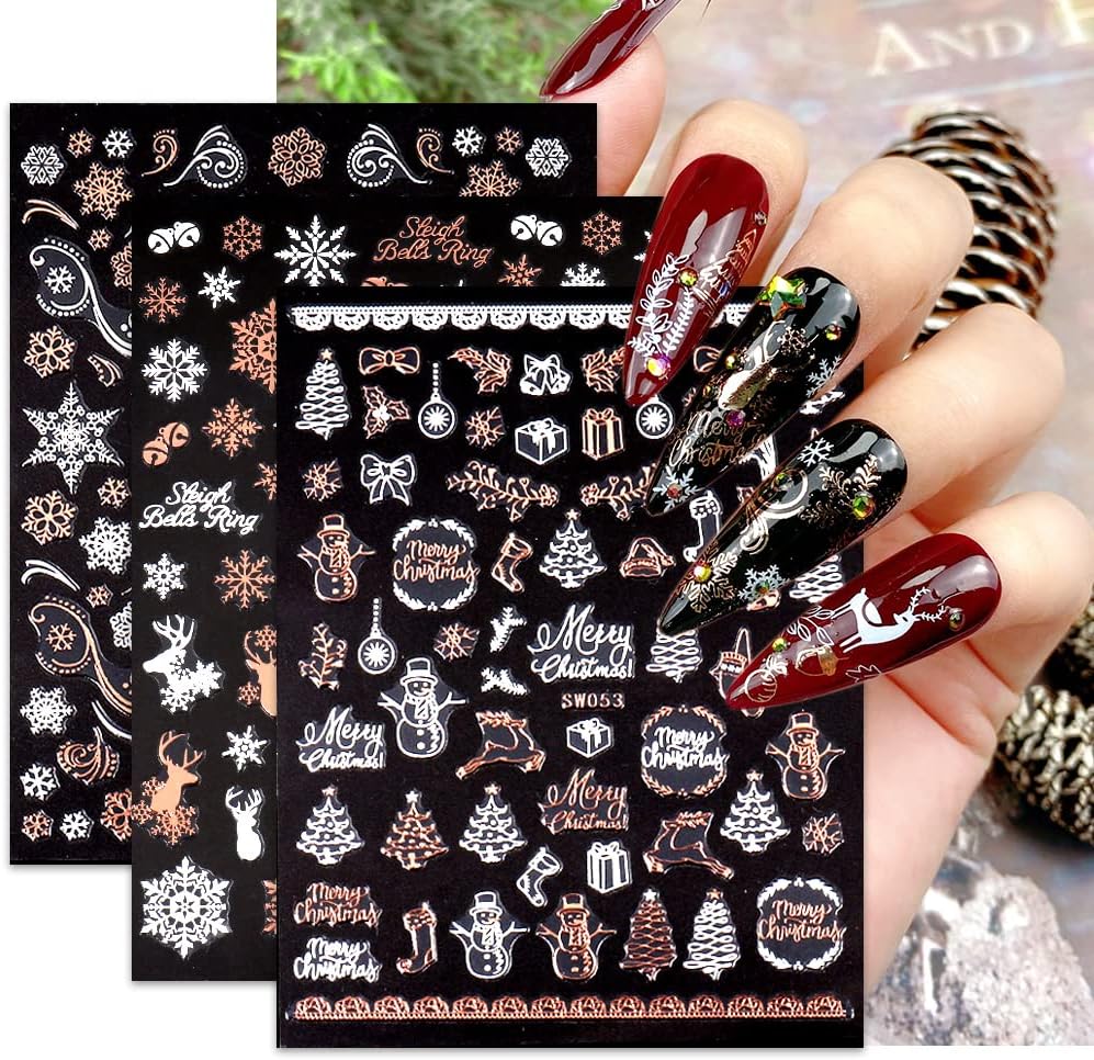 9 Sheets Christmas Nail Art Stickers Decals Self-Adhesive Pegatinas Uñas Rose Gold Snowflake Tree Winter Nail Supplies Nail Art Design Decoration Accessories