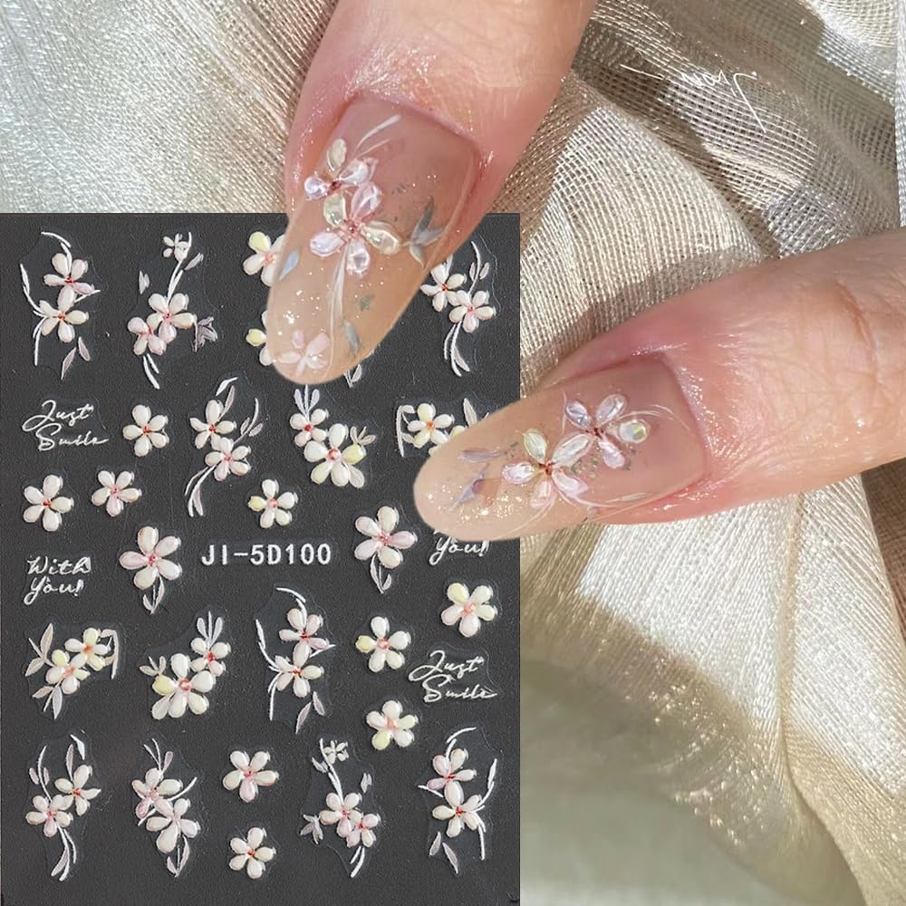 Cherry Nail Stickers 5 Sheets Cherry Blossom Nail Decals Spring Summer Fruits Nail Decoration 5D Embossed Stickers for Nail Art Bows Stars Butterfly Flowers Nail Stickers Manicure Supplies