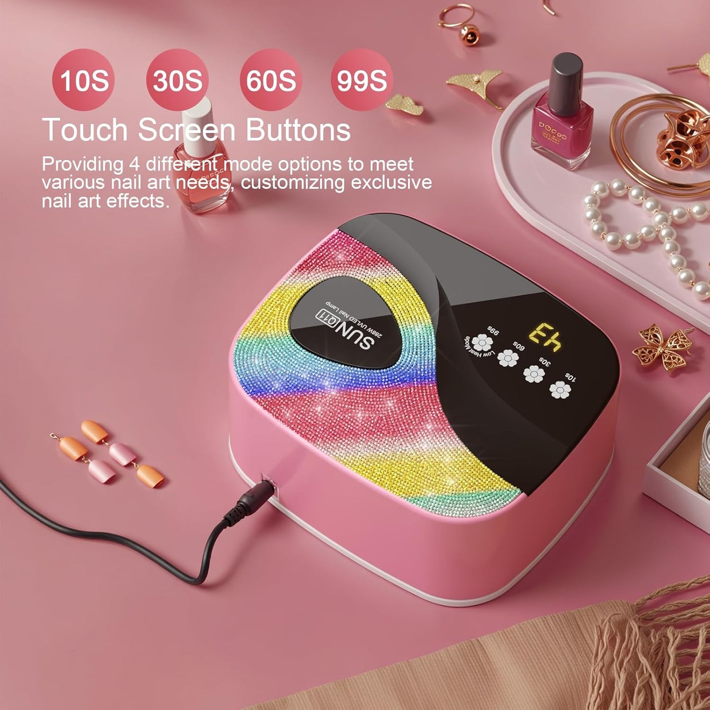 SUNX11 Rhinestone uv Nail Lamp - LED UV Gel Nail Dryer with Rainbow Crystal Design, 3-Second Quick Dry, Touch Screen, Detachable Base, 4 Timer Settings, for Fingernails & Toenails