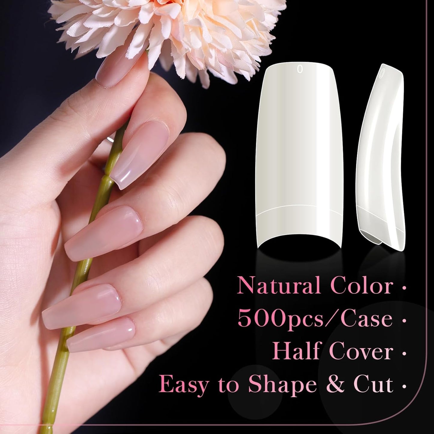 krofaue 500PCS Half Cover False Nails Tips - Acrylic Nail Tips 10 Sizes Lady French Style Acrylic Artificial Tip Manicure with Box for Nail Tips Art Salons and Home DIY