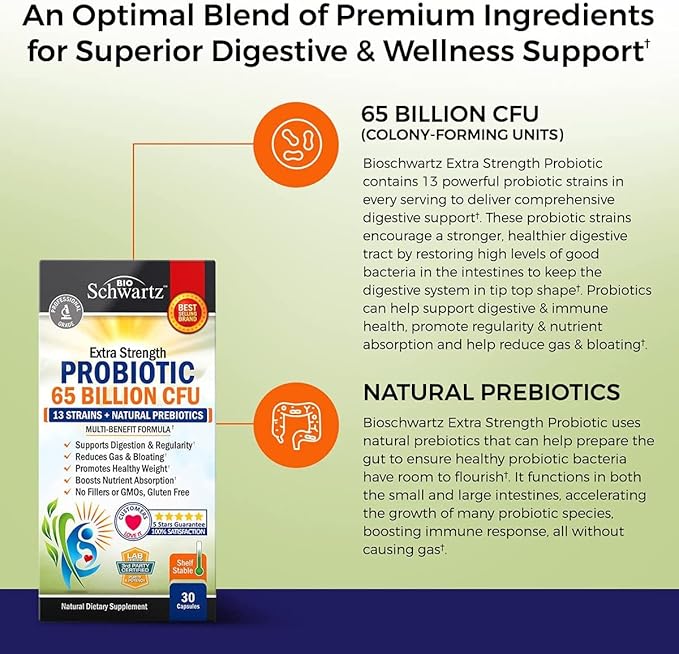 Probiotic 65 Billion - Probiotics with Prebiotic for Women & Men - Lactobacillus Acidophilus Digestive Health Capsules - Targeted Release Technology - Shelf Stable Supplement Non-GMO Dairy Free-30ct