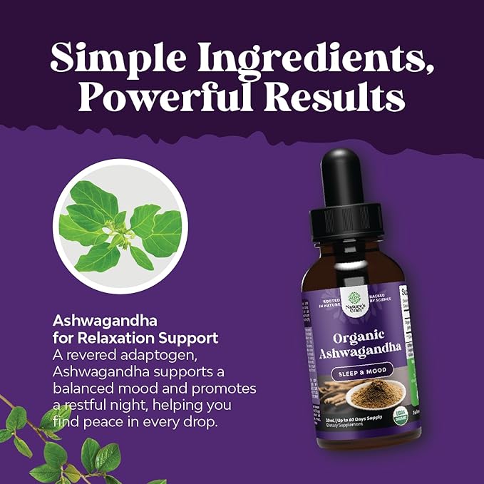 USDA Organic Ashwagandha Liquid Drops - Vegan Liquid Ashwagandha Root Extract for Energy Stress and Mood Support - Delicious Adaptogenic Pure Ashwagandha Tincture for Adults - Non-GMO & Alcohol Free