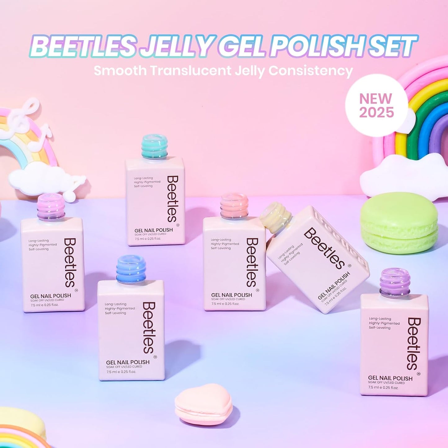 Beetles Pastel Gel Nail Polish Set, 6 Colors Jelly Gel Polish Kit Pink Blue Purple Orange Yellow Green Translucent Effect Soak Off UV Candy Sweet Collection French Nail Gift for Women