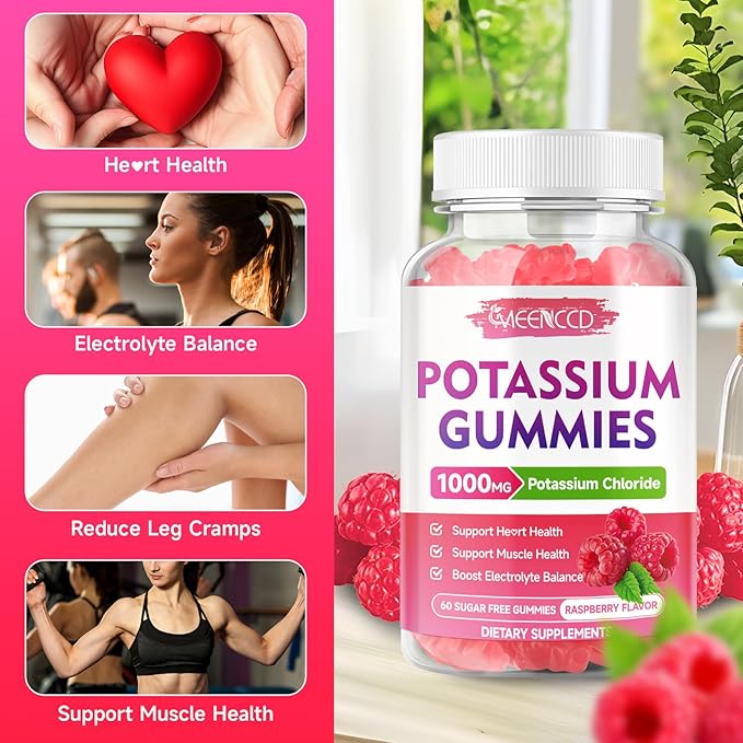 Potassium Gummies, Potassium Chloride 1000mg for Adults, Sugar-Free Potassium Supplement Gummies Support Electrolyte Balance & Leg Cramps for Women & Men, Raspberry Flavor, 60 Count