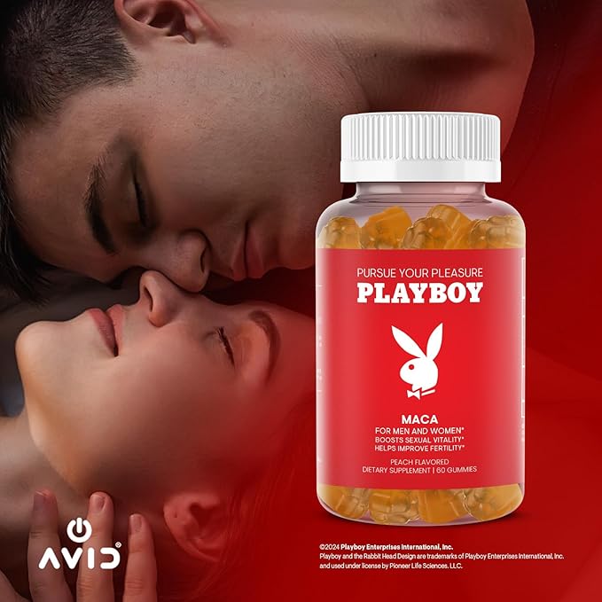 Playboy - Maca Root Gummies for Women and Men (60 Count - Peach Flavored) - Boost Sexual Vitality, Libido, Fertility - Maca Gummies Supplement - 100% Natural, Vegan Non GMO - 4:1 Extract Maca Peruana