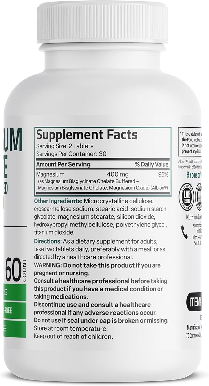 Bronson Magnesium Glycinate 400mg Extra Strength, Vegetarian, Chelated for Absorption Gentle on The Stomach, Non-GMO, 60 Tablets