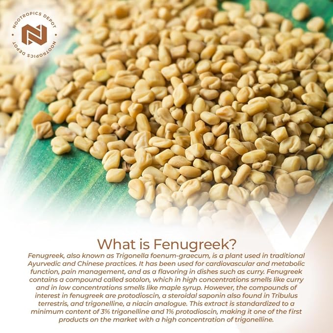 Nootropics Depot Fenugreek Extract Capsules | 500mg | 60 ct | 3% Trigonelline, 1% Protodioscin | Trigonella foenum-graecum | Mood, Fitness, & Metabolic Function