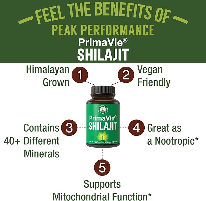 PrimaVie® Purified Shilajit Capsules Made with Pure Shilajit Powder. Clinically Tested Natural Supplement with 40+ Trace Minerals, Fulvic Acid. Tablets Support Mitochondria + Brain Function