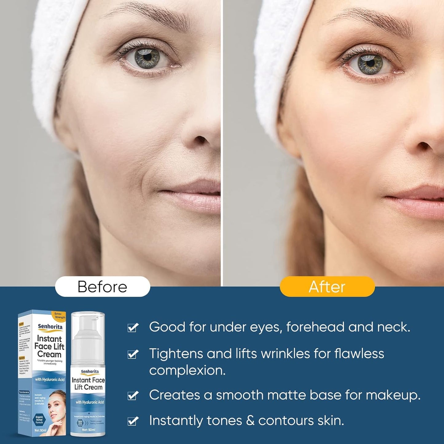 Instant Face Lift Cream, Temporary Skin Tightening Cream with Hyaluronic Acid, Visibly Firming Loose Sagging Skin for Face and Neck in 2 Minutes, Smooth Fine Lines and Wrinkle