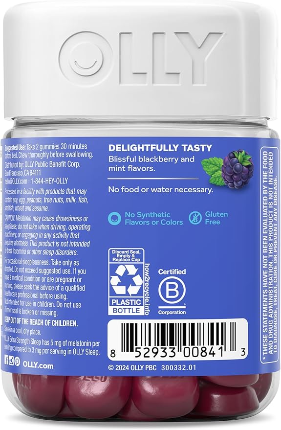 OLLY Extra Strength Sleep Gummy, Occasional Sleep Support, 5 mg Melatonin, L-Theanine, Chamomile, Lemon Balm, Sleep Aid, BlackBerry - 50 Count