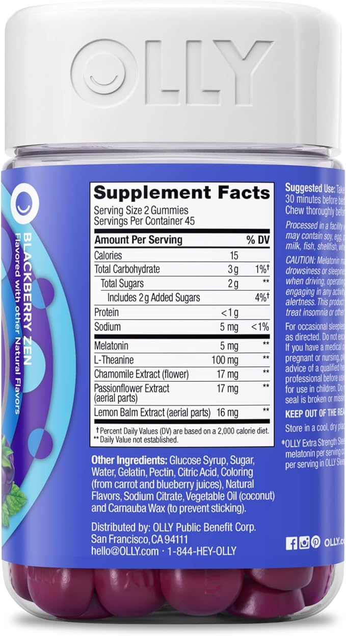 OLLY Extra Strength Sleep Gummy, Occasional Sleep Support, 5 mg Melatonin, L-Theanine, Chamomile, Lemon Balm Extracts, Sleep Aid, BlackBerry Flavor - 90 Count (Packaging May Vary)