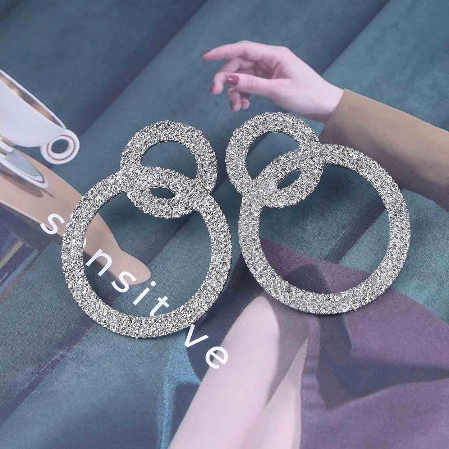 Vintage Crystal Circle Drop Earrings Double Circle Hoop Earrings Gold Cz Circle Dangle Earrings CZ Hollow Circle Earrings Jewelry for Women