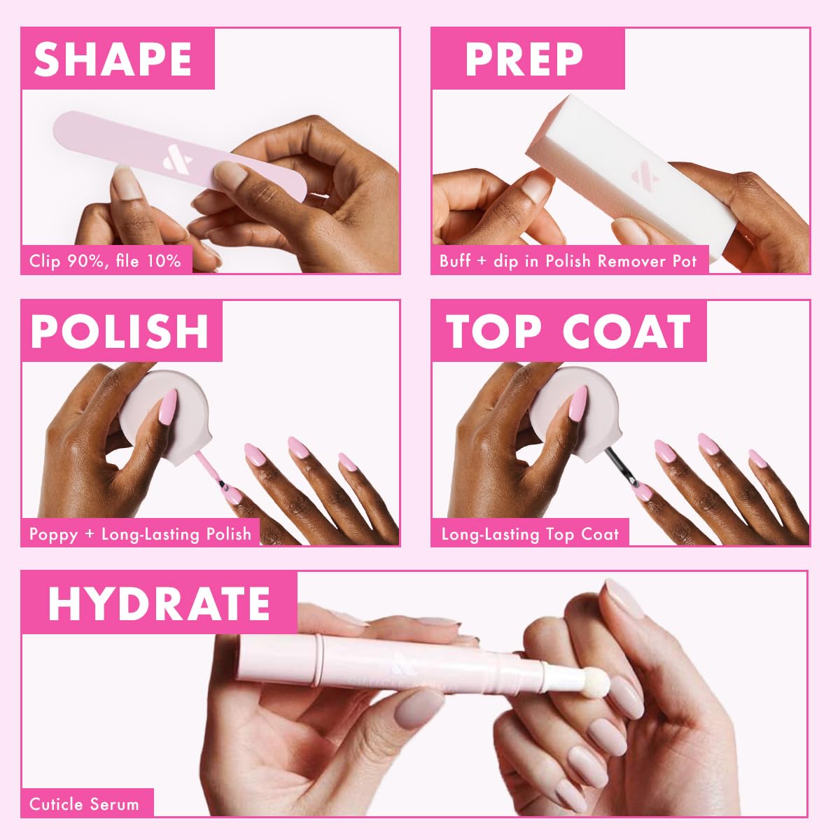 Olive & June Bolds Long Lasting Nail Polish Set | Includes 6 Shades (Bold & Unshaken, Art Class, Because I'm Green, Lily Blooms, CV, Hot Strawberry) + Top Coat | Vegan, Cruelty-Free | Salon-Quality