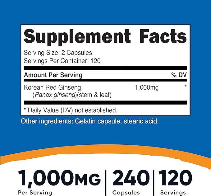 Nutricost Korean Ginseng 500mg, 240 Capsules (3 Bottles) - 1000mg Extra Strength Serving Size - Gluten Free & Non-GMO