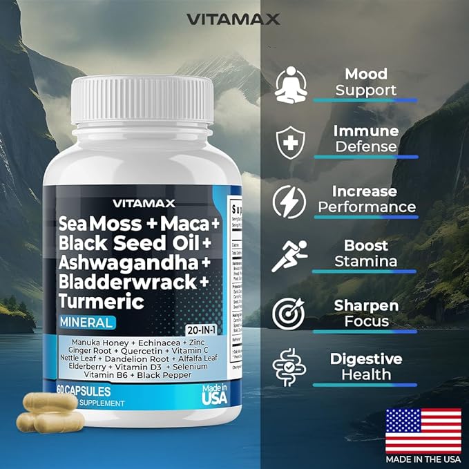 Sea Moss 3000mg Maca 1000mg Black Seed Oil 2000mg Ashwagandha 1000mg Bladderwrack, Turmeric - Manuka, Elderberry, Vitamins C & D3, Chlorophyll, Zinc, Black Pepper - Made in USA (60 Count (Pack of 2))