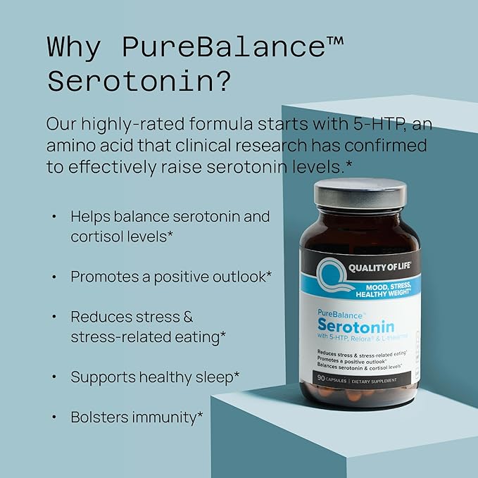 Quality of Life Pure Balance Serotonin Premium–Helps Boost Serotonin & Cortisol Levels - Includes 5-HTP, Venetron, Sensoril, Vitamin D3 & L-Theanine–60 Capsules