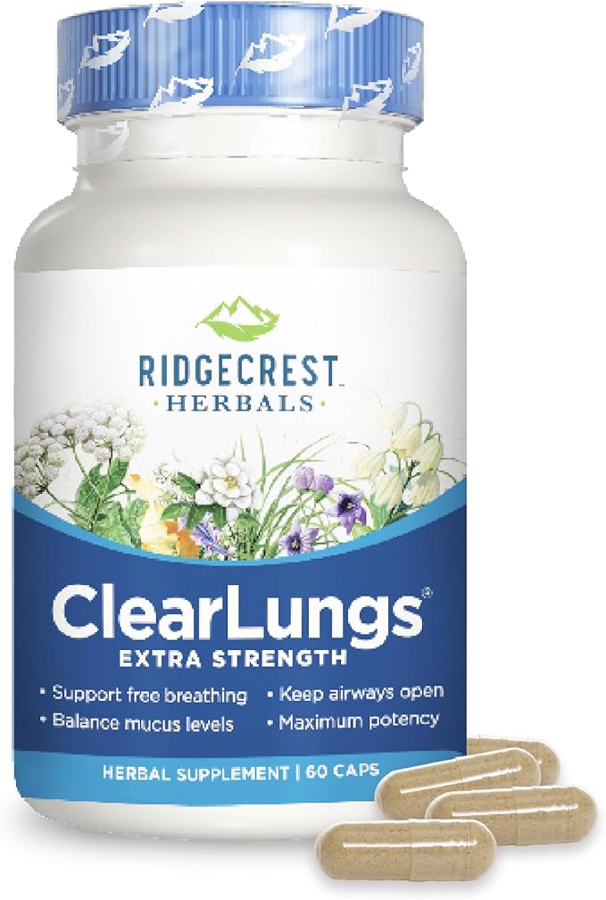 RidgeCrest Herbals ClearLungs Extra Strength, Natural Lung, Nasal Health Formula, Bronchial, Respiratory, Sinus, Mucus Support (60 Caps, 30 Serv)