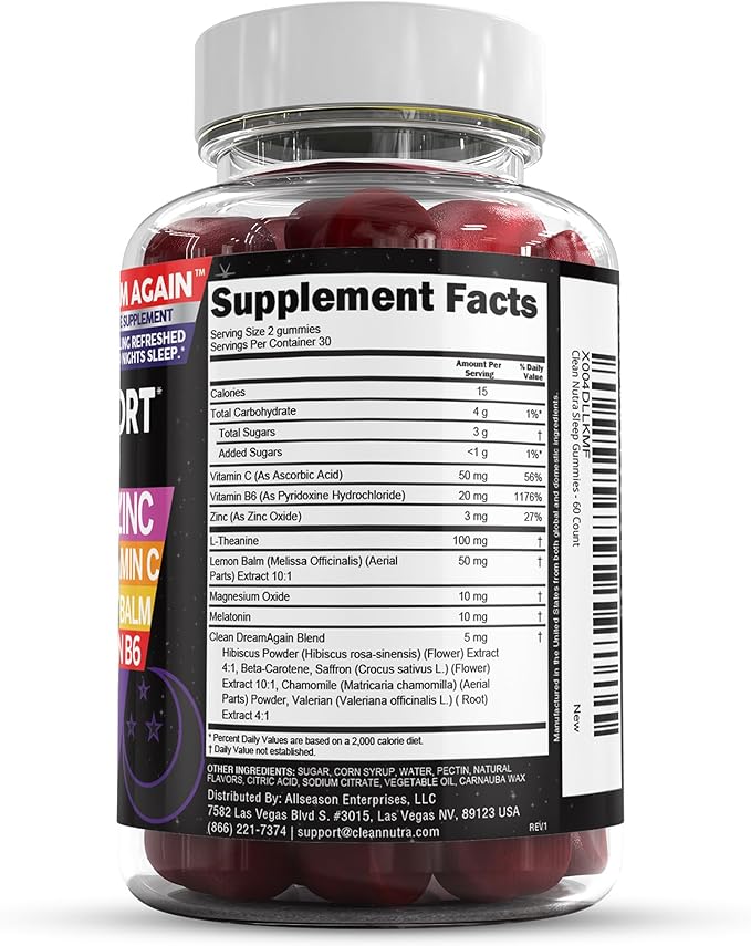 Sleep Aid Melatonin Gummies | Valerian Root L-Theanine Vitamin B6 C Lemon Balm Magnesium Hibiscus Beta Carotene Saffron & Chamomile Rest Support Supplement Raspberry Flavor Dream Again by Clean Nutra