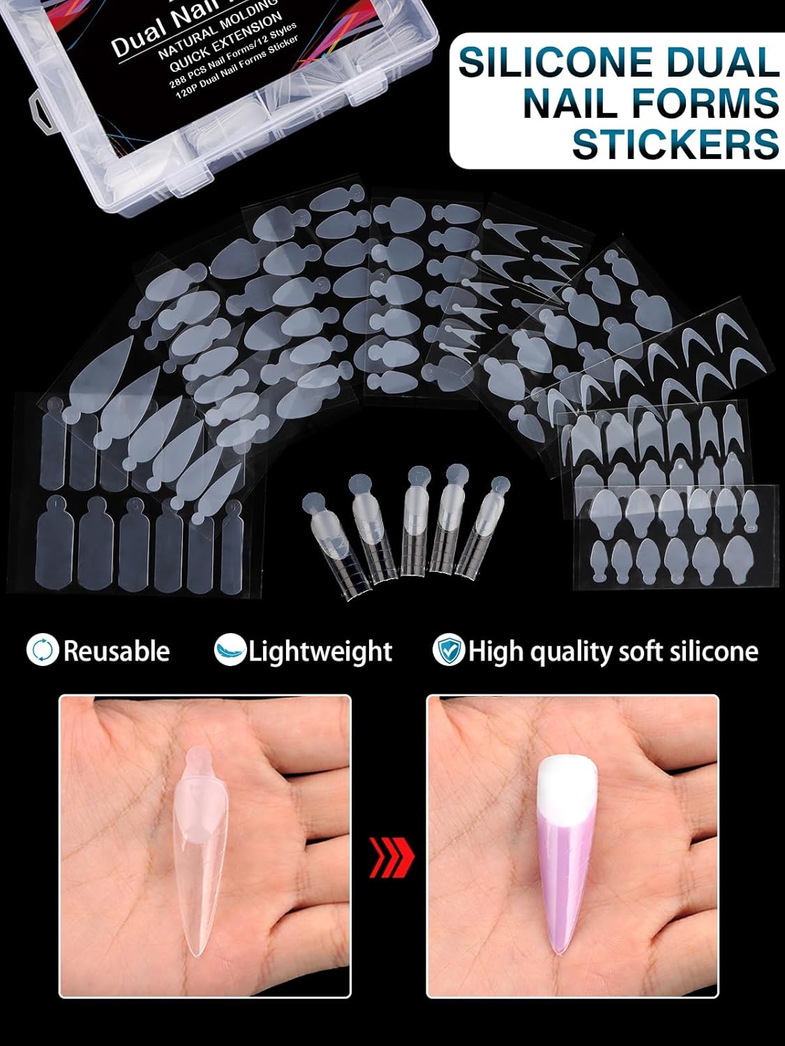 EBANKU 288PCS Nail Dual Forms for French Nails, Dual Nail Forms Molds Acrylic Nail Tips, Duet System Dual Forms Sticker Silicone Reusable Pads, 12 Styles 12 Sizes Scale for Manicure Extension, Clear