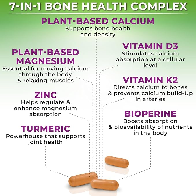 Plant-Based Calcium 500mg (Aquamin) - Vegan Calcium Magnesium Zinc D3 + Vitamin K2, Organic Turmeric & BioPerine - Supports Enhanced Bone Health & Strength for Women and Men - 90 Count