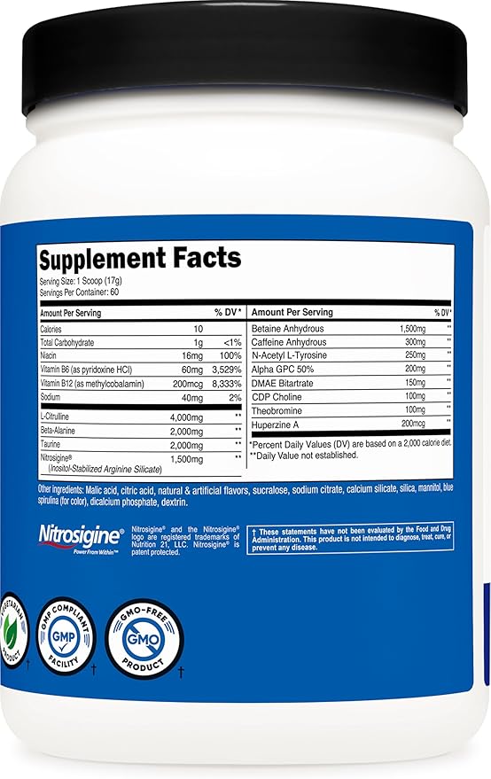 Nutricost Pre-X Xtreme Pre-Workout Complex Powder, Blue Raspberry, 60 Servings, Vegetarian, Non-GMO and Gluten Free