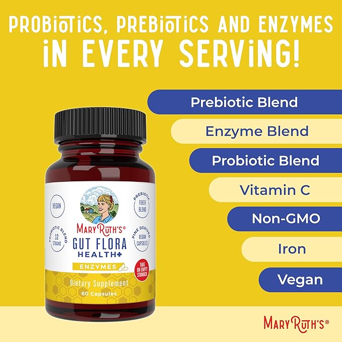 MaryRuth Organics Gut Flora Health+ Enzymes | Up to 2 Month Supply | Prebiotic Probiotic Digestive Enzymes Blend for Healthy Gut Biome & Digestive Support | Gastrointestinal Health | 60 Capsules