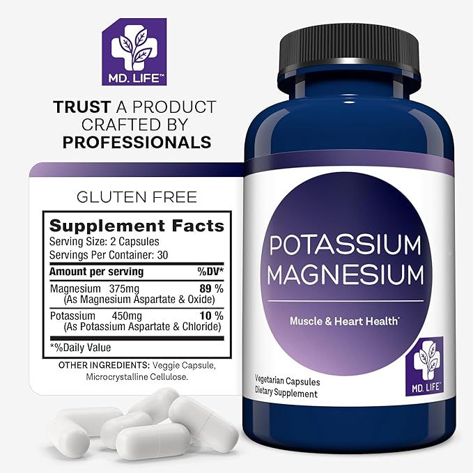 MD. Life Magnesium Potassium Supplement - 60 Capsules - High Absorption Magnesium Complex - Magnesium Supplement to Support Vascular Health & Leg Cramp 60cts
