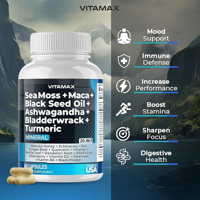 Sea Moss 3000mg Maca 1000mg Black Seed Oil 2000mg Ashwagandha 1000mg Bladderwrack, Turmeric - Manuka, Elderberry, Vitamins C & D3, Chlorophyll, Zinc, Black Pepper - Made in USA (60 Count (Pack of 1)