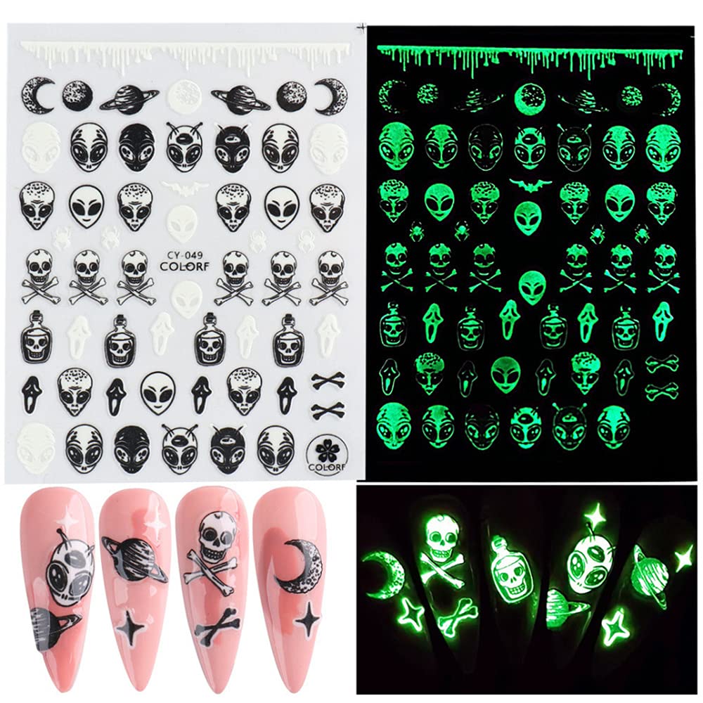 Luminous Nail Stickers - 3D Halloween Nail Art Designs - Skull, Ghost, Pumpkin, Spider, Bat Decals - Self-Adhesive, 6 Sheets