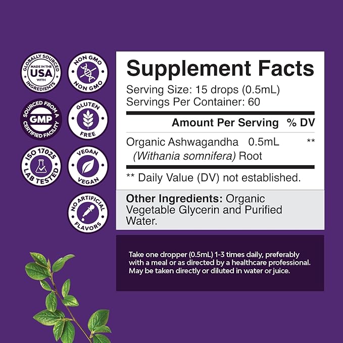 USDA Organic Ashwagandha Liquid Drops - Vegan Liquid Ashwagandha Root Extract for Energy Stress and Mood Support - Delicious Adaptogenic Pure Ashwagandha Tincture for Adults - Non-GMO & Alcohol Free