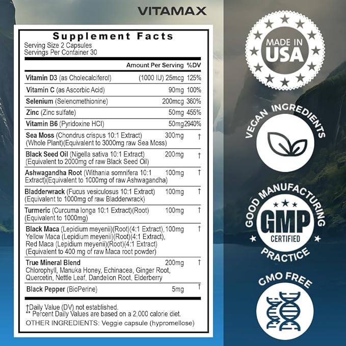 Sea Moss 3000mg Maca 1000mg Black Seed Oil 2000mg Ashwagandha 1000mg Bladderwrack, Turmeric - Manuka, Elderberry, Vitamins C & D3, Chlorophyll, Zinc, Black Pepper - Made in USA (60 Count (Pack of 1)