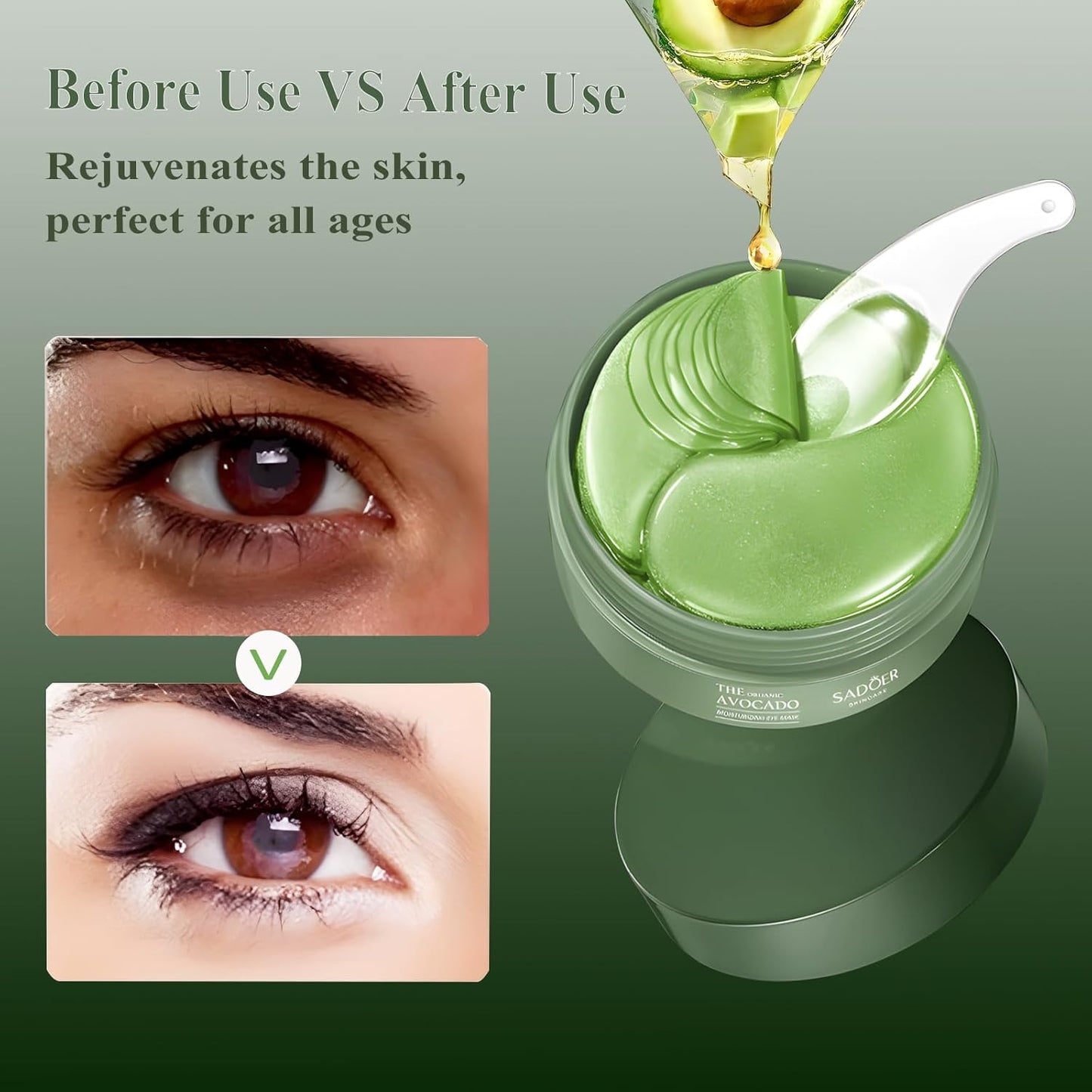 Under Eye Mask - 60Pcs Avocado Under Eye Patches for Puffy Eyes, Dark Circles, Eye Bag, Fine Lines, Wrinkles, Puffiness Reduction, Tender Smooth Eye Skin, Hydrating Eye Gel Pads with Natural Extracts