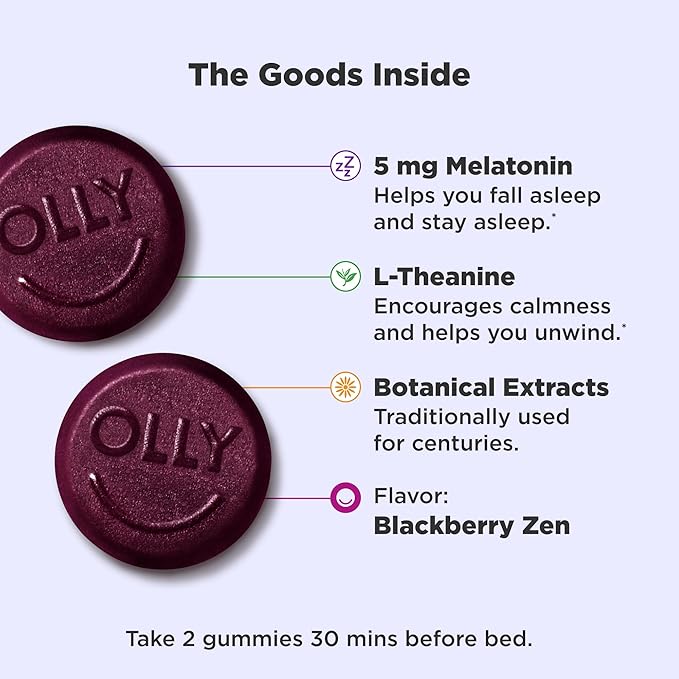 OLLY Extra Strength Sleep Gummy, Occasional Sleep Support, 5 mg Melatonin, L-Theanine, Chamomile, Lemon Balm, Sleep Aid, BlackBerry - 50 Count