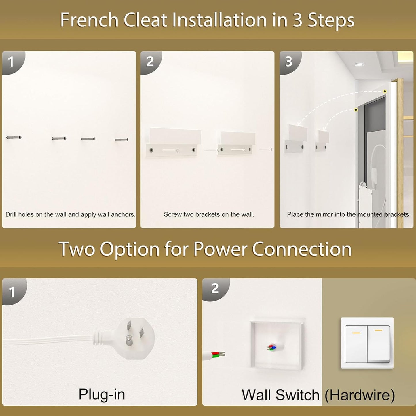 OKPAL 40x32 Gold Lighted Bathroom Mirror with Lights, Frontlit & Backlit LED Bathroom Mirror, Lighted Vanity Mirror, Anti-Fog, Dimmable 3 Colors, Shatterproof, Horizontal/Vertical