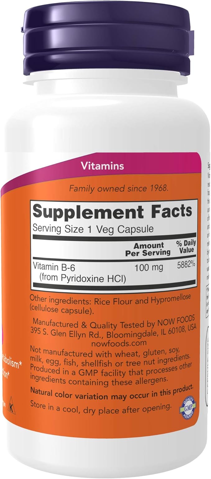 NOW Supplements, Vitamin B-6 (Pyridoxine HCl) 100 mg, Cardiovascular Health*, 100 Veg Capsules (Pack of 2)