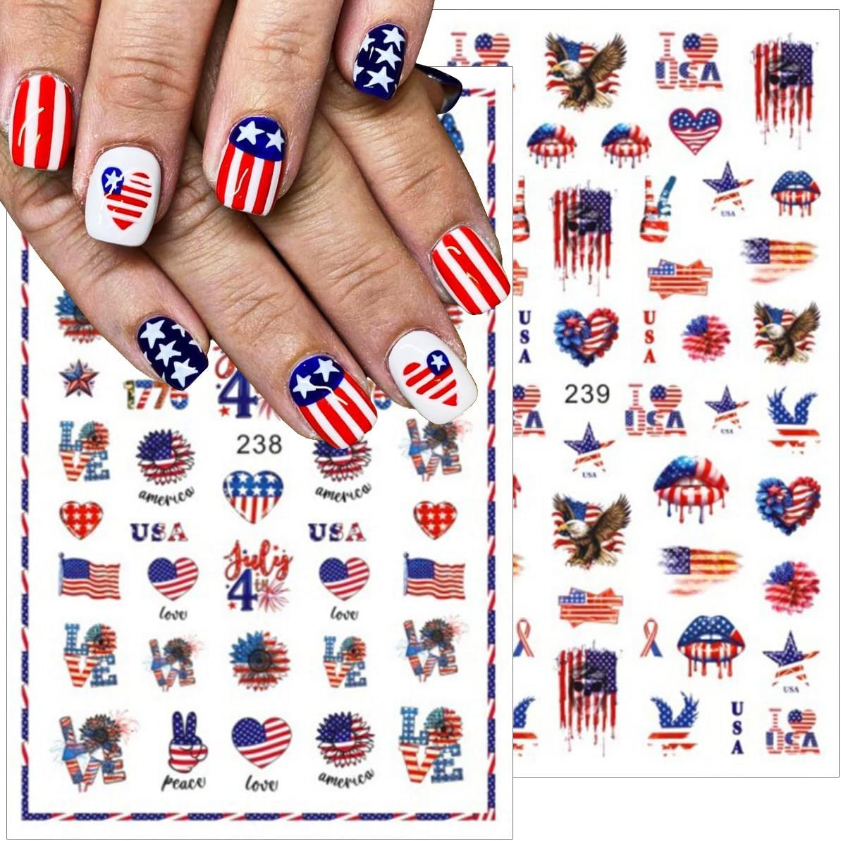 8 Sheets 4th of July Nail Art Stickers Independence Day Decals 3D Self-Adhesive Nail Design USA Flag Heart Letters Fireworks Star Nail Supplies Fireworks 4th of July Nails Stickers for Women Girls DIY