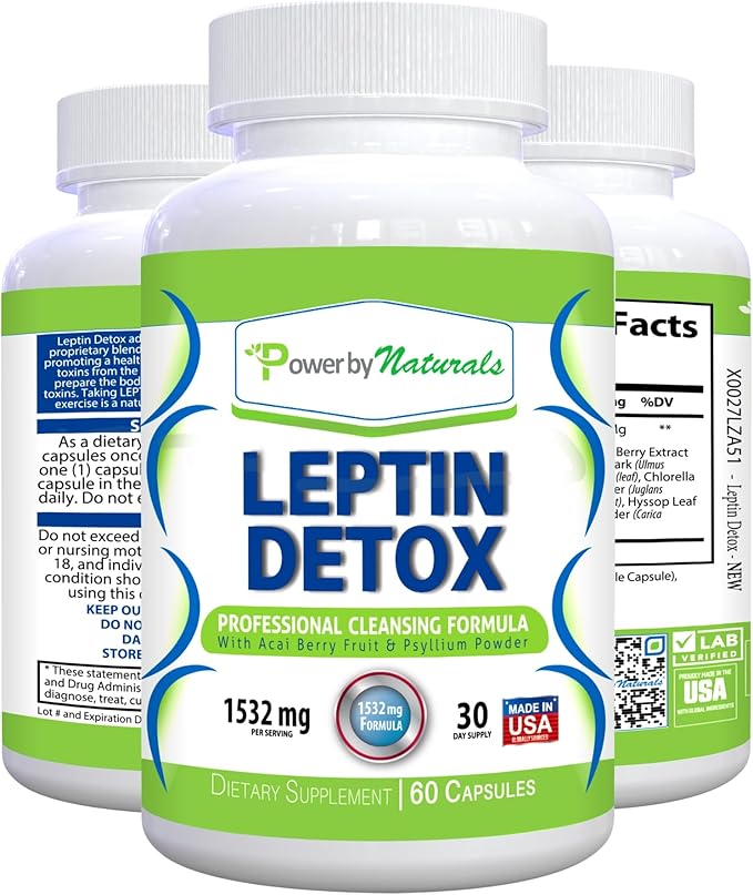 Power By Naturals Leptin Detox Cleanse for Reduce Weight - Natural Gut & Colon Cleanser, 1532mg, Acai Berry Cleanse for Men & Women, 60 Capsules, USA-Made
